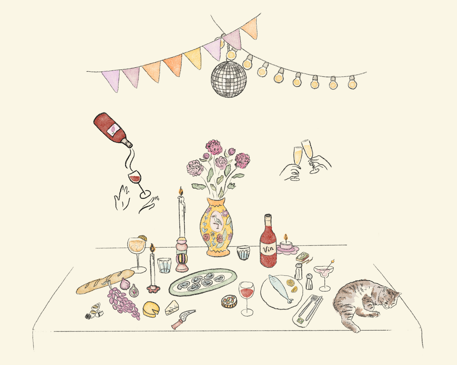 Illustration of a dinner party setup with tableware, food, and decorative elements on a beige background.